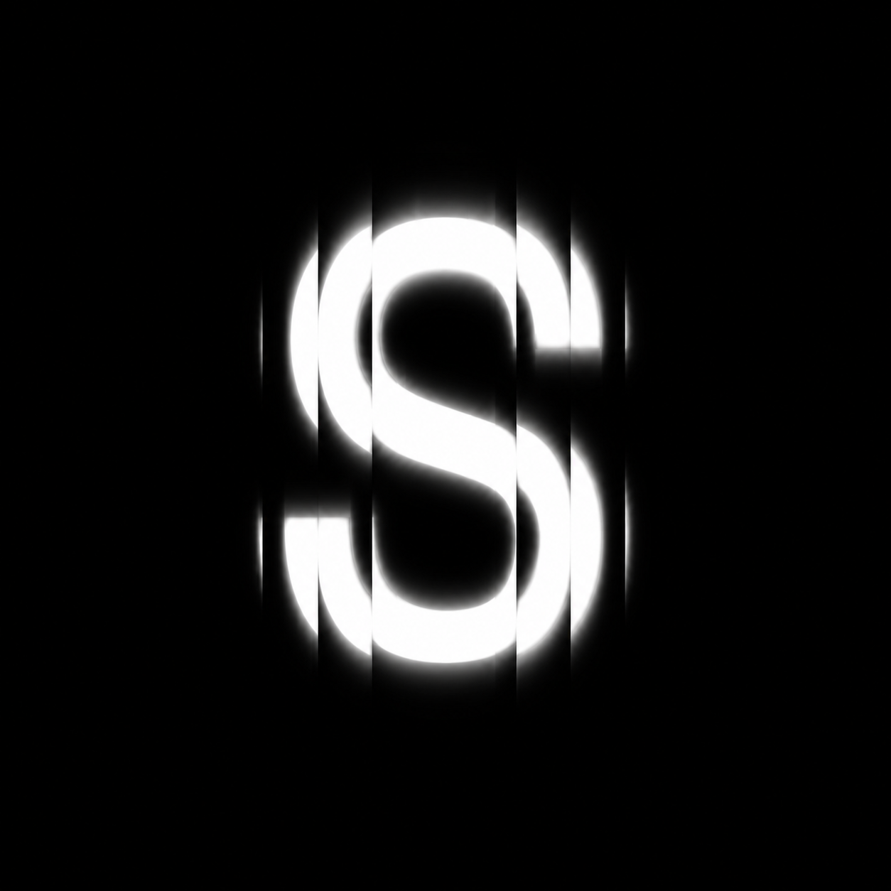 Large stylized letter S logo, white glowing with vertical glitch stripes on a black background, conveying a bold modern and futuristic tone